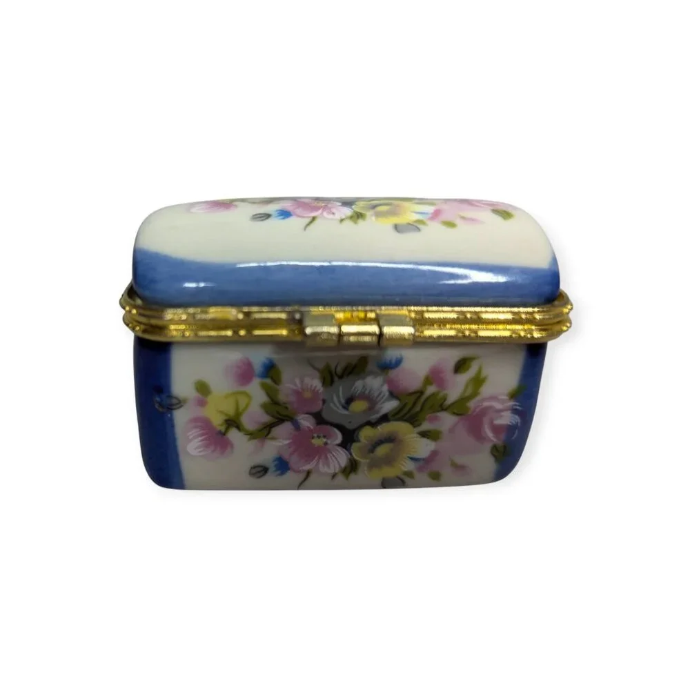 Ceramic Trinket Hinged Box Blue White Yellow and Pink 2.5